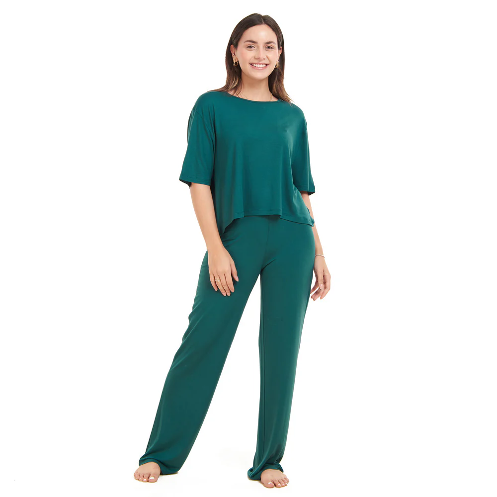 Women summer pajama set Dark Green Cropped top + pants - Image 4