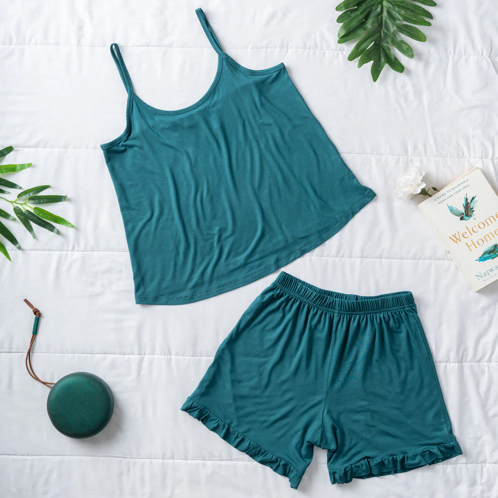 Women summer pajama set Dark Green top + Dark Green ruffles shorts