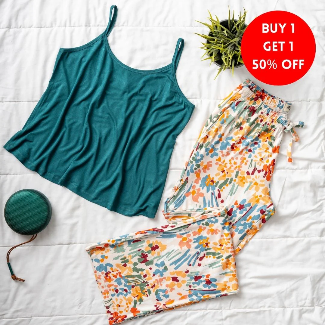 Women summer pajama set Dark green Top+ Floral pants