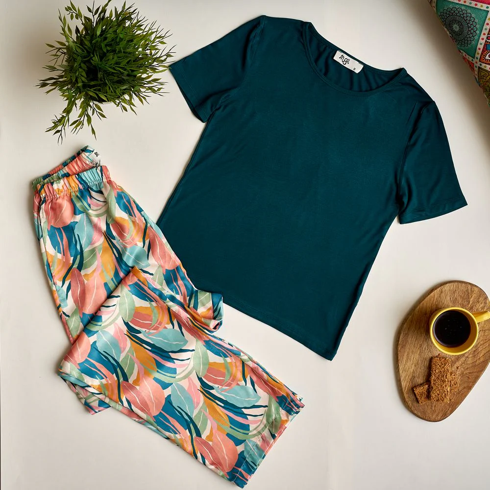 Women summer pajama set Dark green top + Orange leaves Pants - Image 2