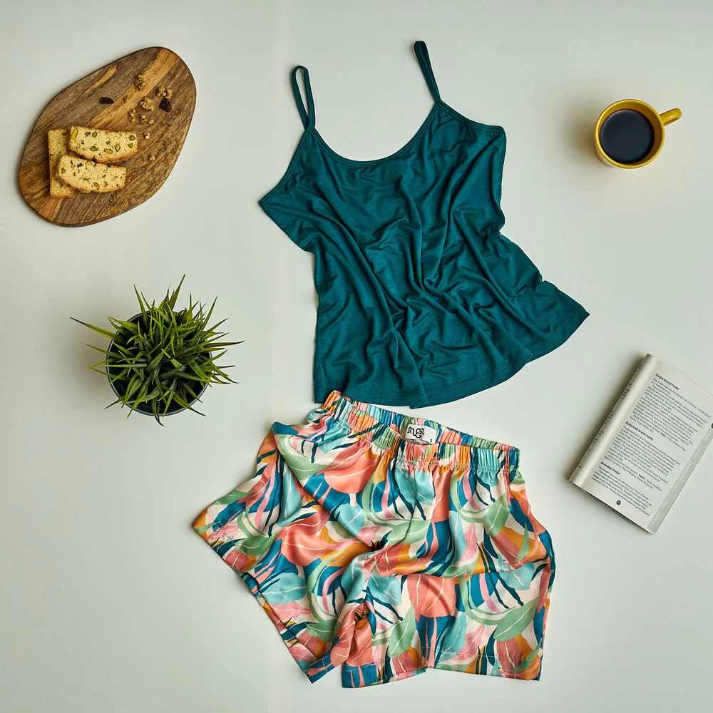 Women summer pajama set Dark green top + Beige patterned shorts