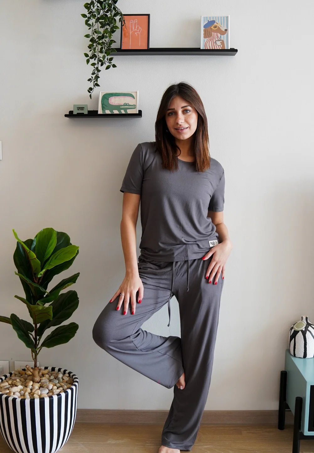 Women summer pajama set Dark Grey shirt + Pants - Image 2