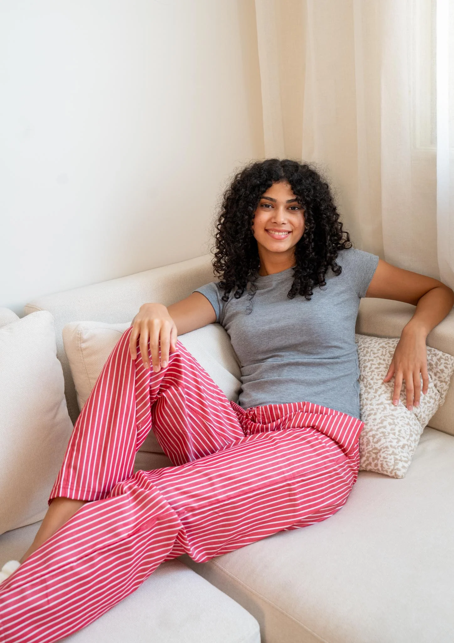 Women summer pajama set Dark Grey T-shirt + Red X White Spaced Stripes Pants - Image 3