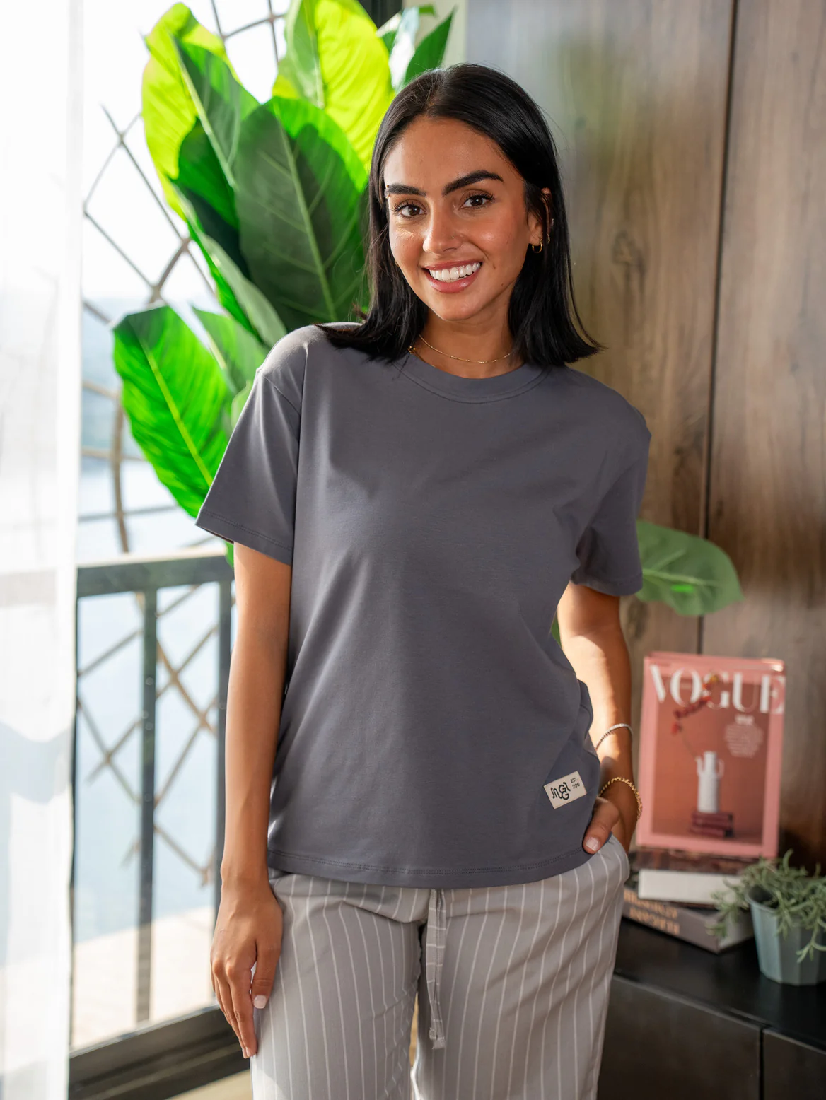 Women summer pajama set Dark Grey Tee + Light Grey X White Stripes Pants - Image 2