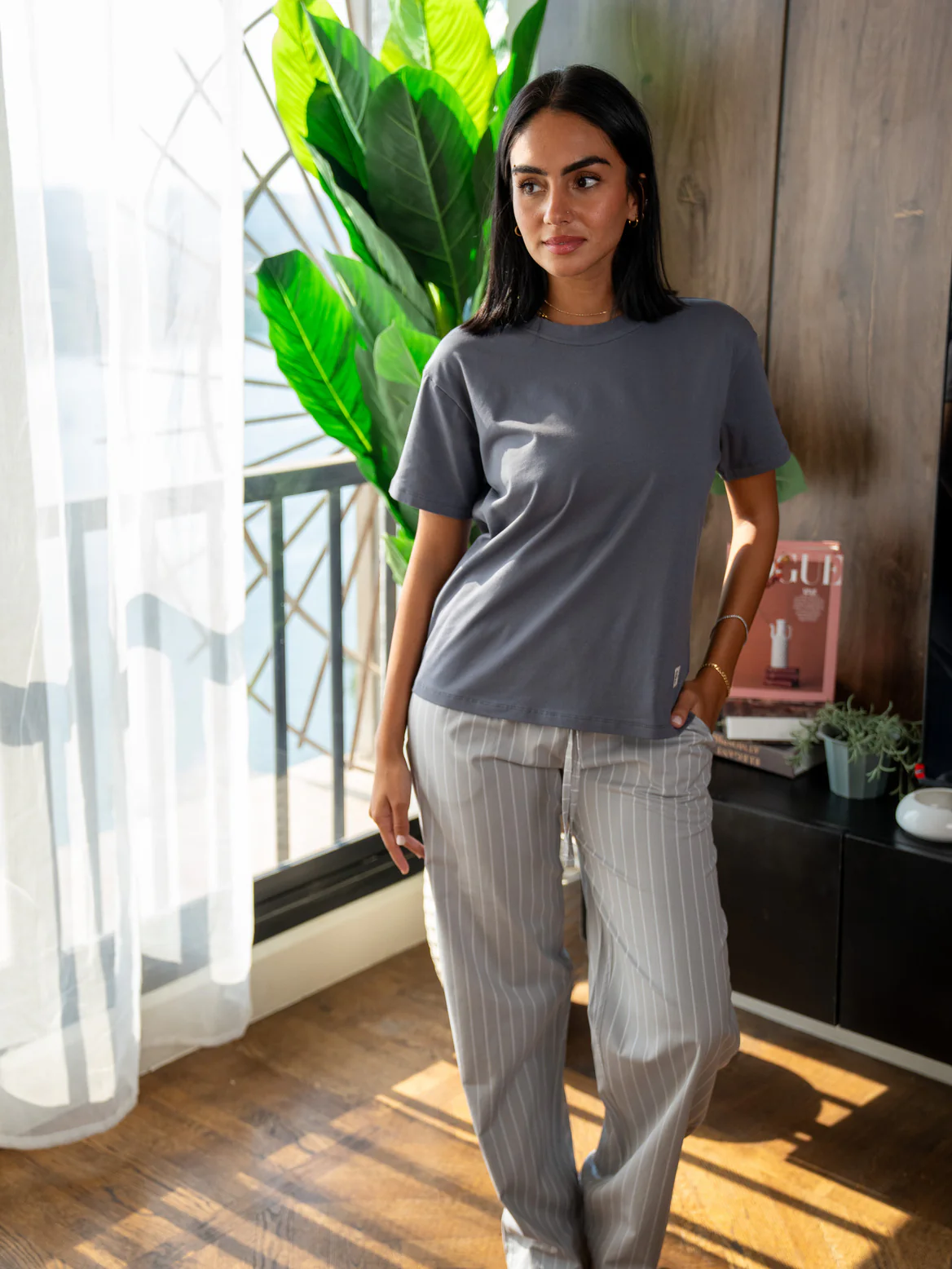 Women summer pajama set Dark Grey Tee + Light Grey X White Stripes Pants - Image 3