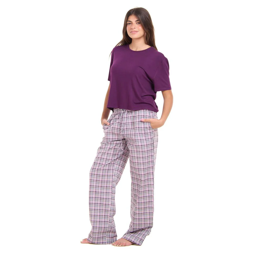 Women summer pajama set Dark Purple Cropped top + Purple x White checkered pants - Image 2