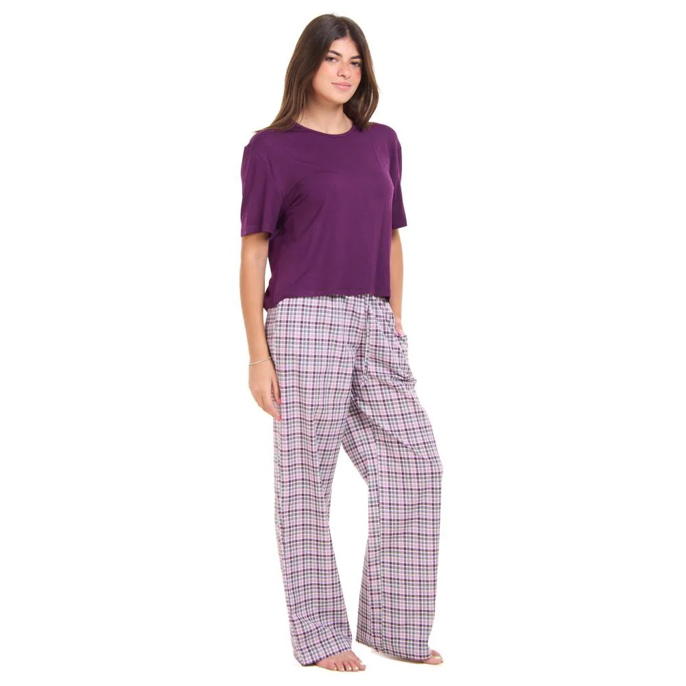 Women summer pajama set Dark Purple Cropped top + Purple x White checkered pants - Image 3