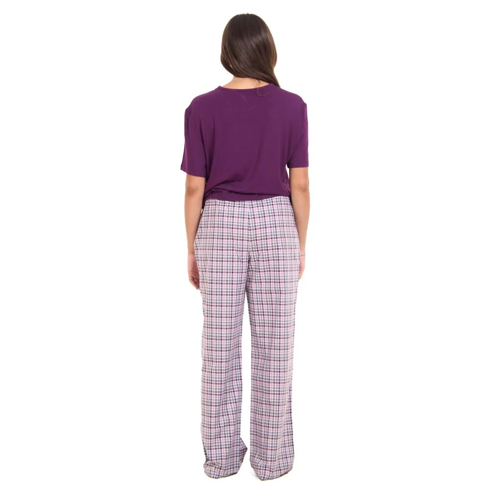 Women summer pajama set Dark Purple Cropped top + Purple x White checkered pants - Image 4