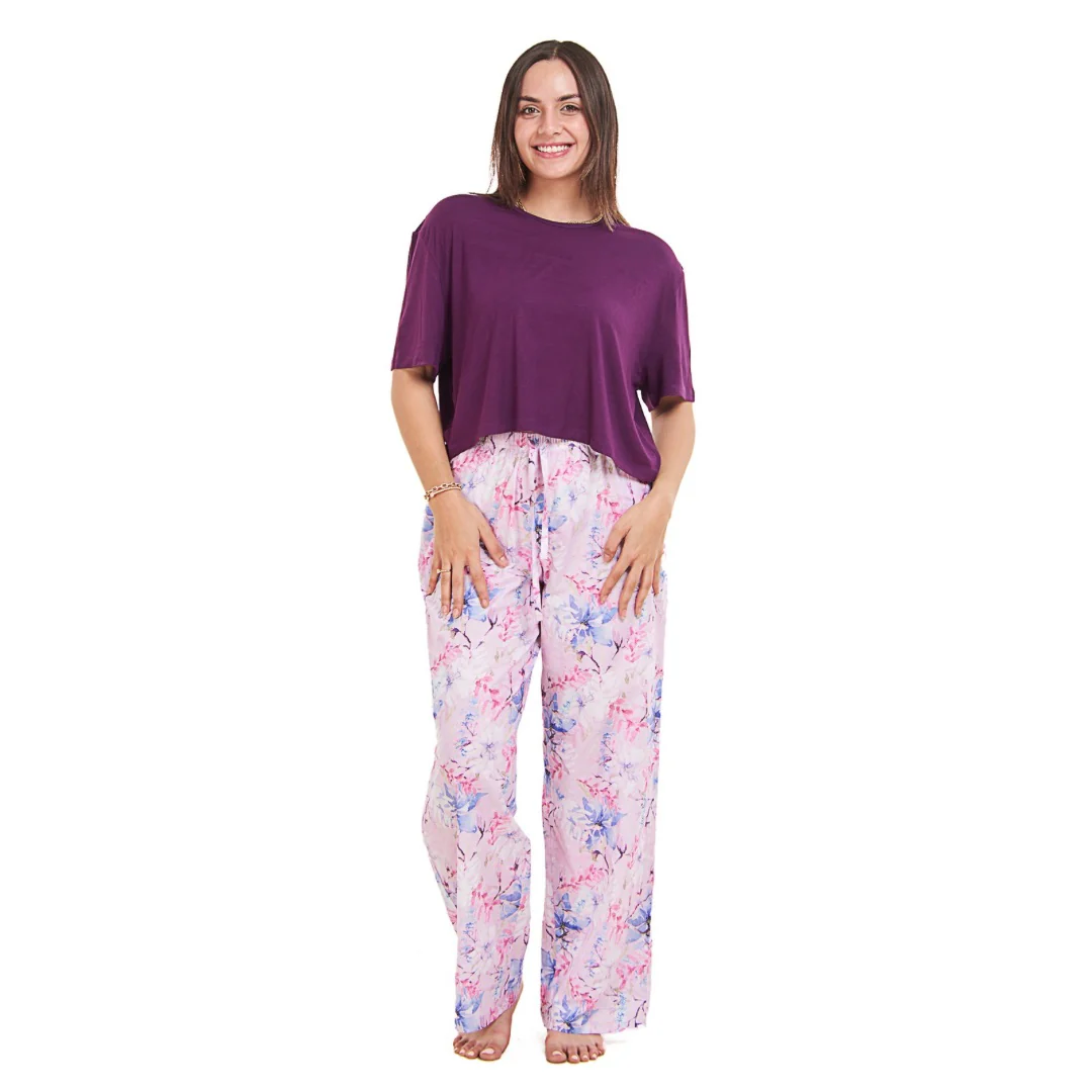 Women summer pajama set Dark Purple Cropped top + Water Color Floral pants - Image 2