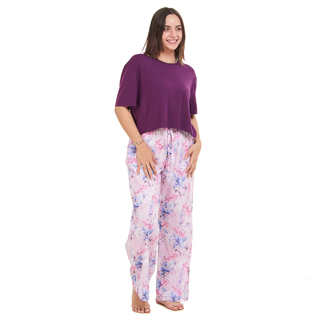 Women summer pajama set Dark Purple Cropped top + Water Color Floral pants - Image 3