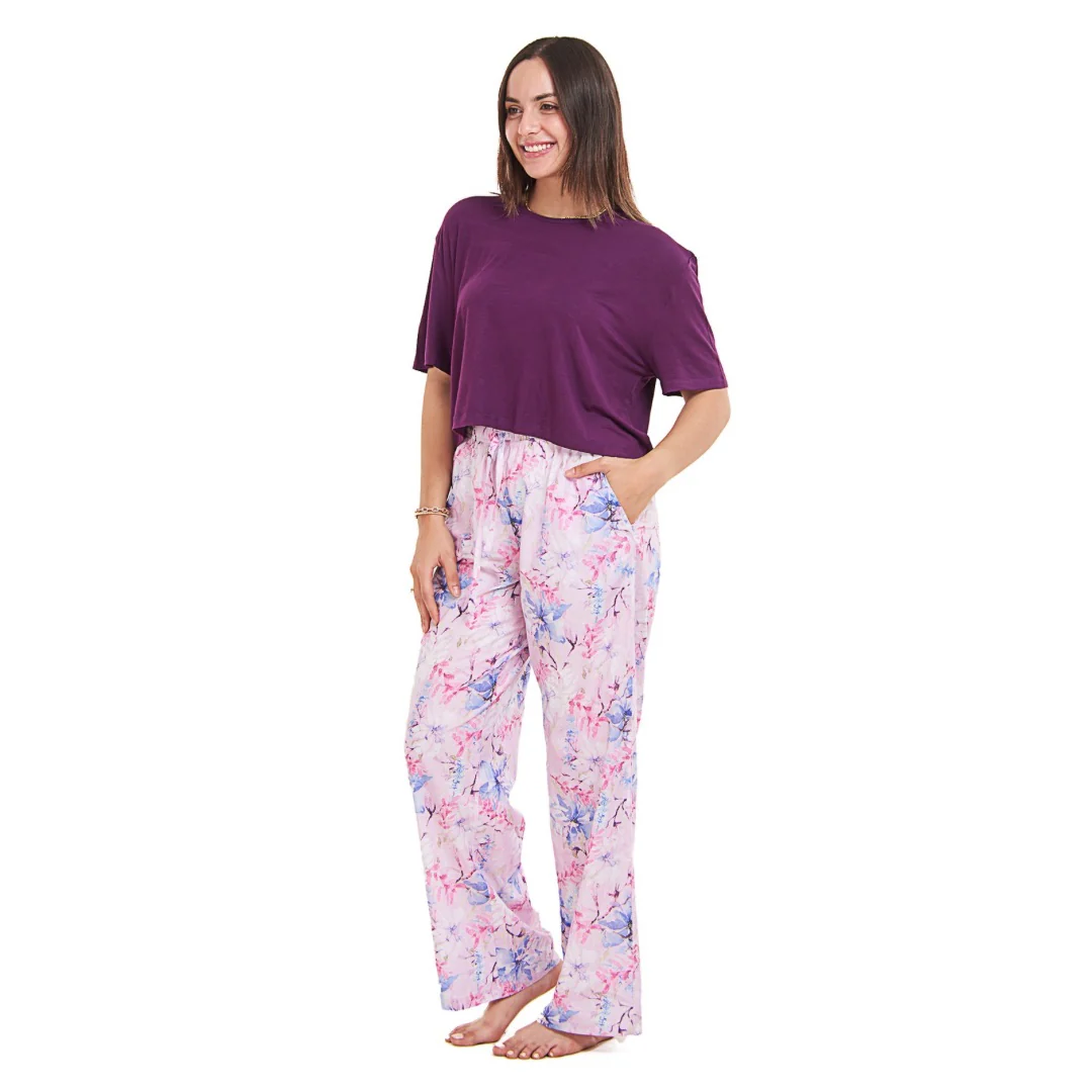 Women summer pajama set Dark Purple Cropped top + Water Color Floral pants - Image 4