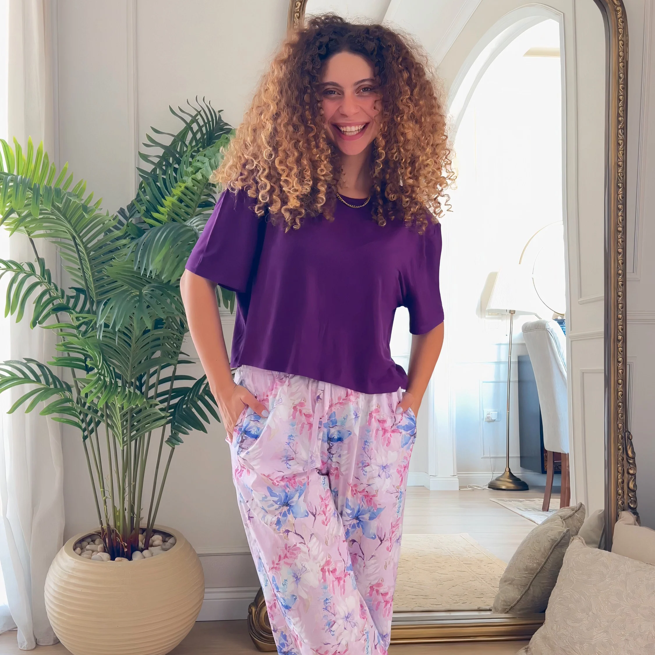 Women summer pajama set Dark Purple Cropped top + Water Color Floral pants - Image 6