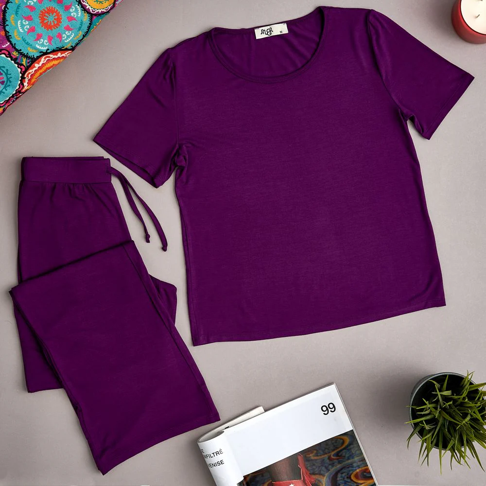 Women summer pajama set Dark purple shirt + Pants - Image 2