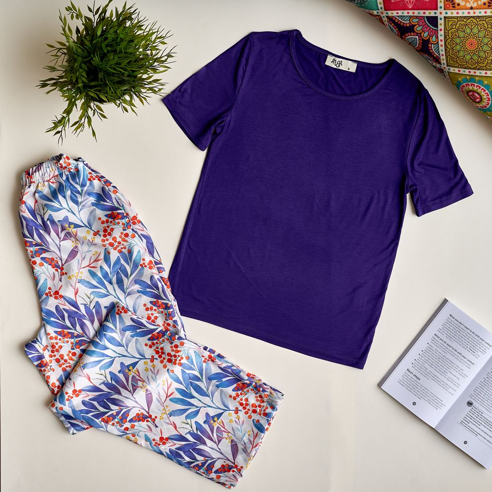 Women summer pajama set Dark purple top + Blue x orange Flower Pants - Image 2