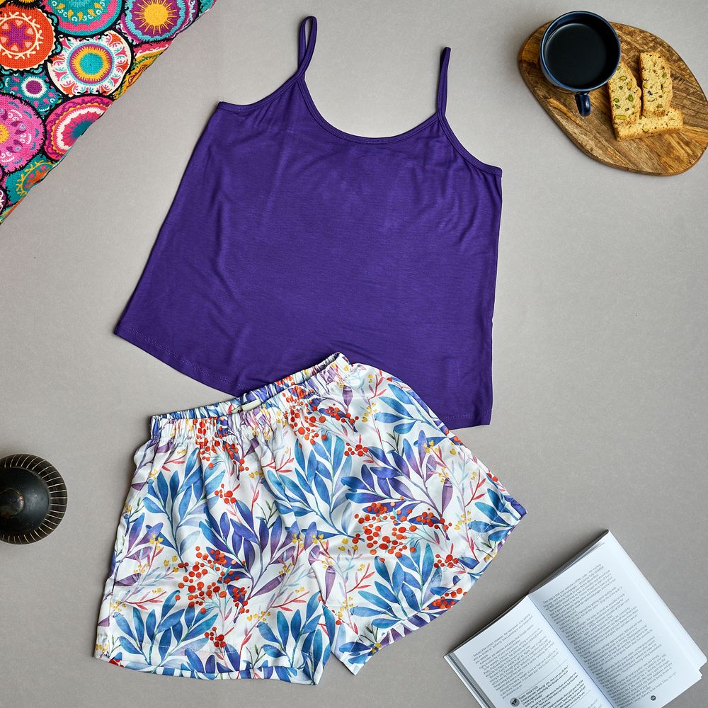 Women summer pajama set Purple top + Blue x orange Flower shorts - Image 2