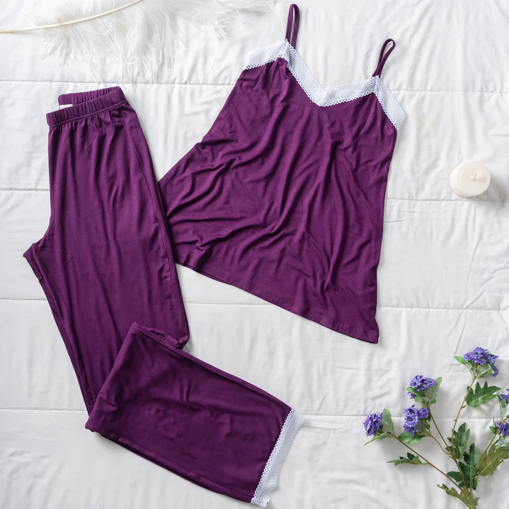 Women summer pajama set lace dark purple top + Pants - Image 4