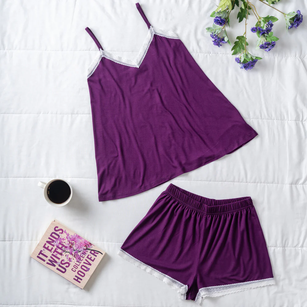 Women summer pajama set lace Dark purple top + shorts - Image 3