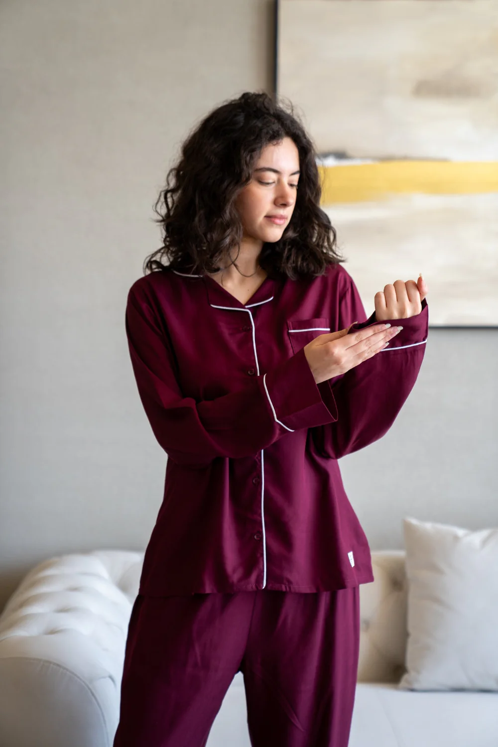 Women summer pajama set Dark red buttoned shirt + Pants - Image 2