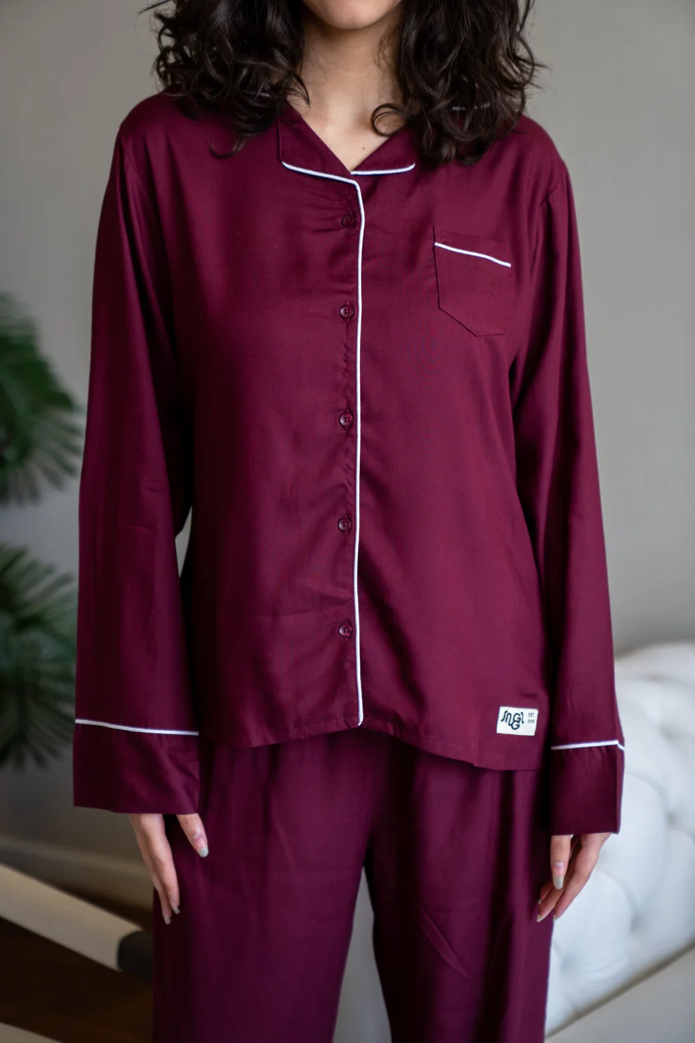 Women summer pajama set Dark red buttoned shirt + Pants - Image 3