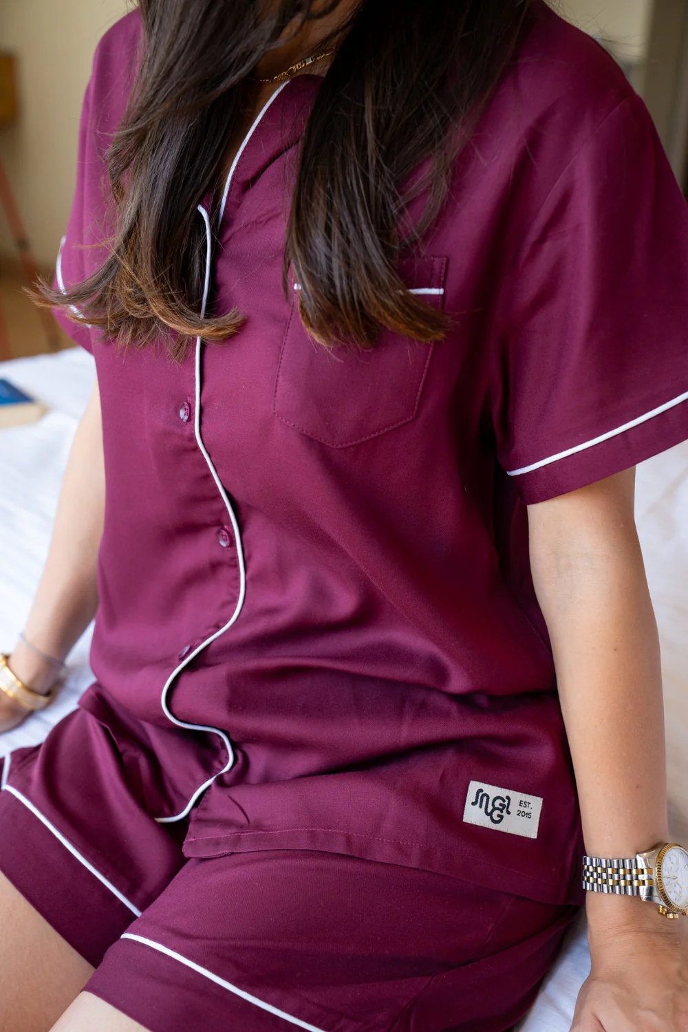 Women Summer Pajama Set Dark Red Buttoned Shirt + Shorts - Image 5