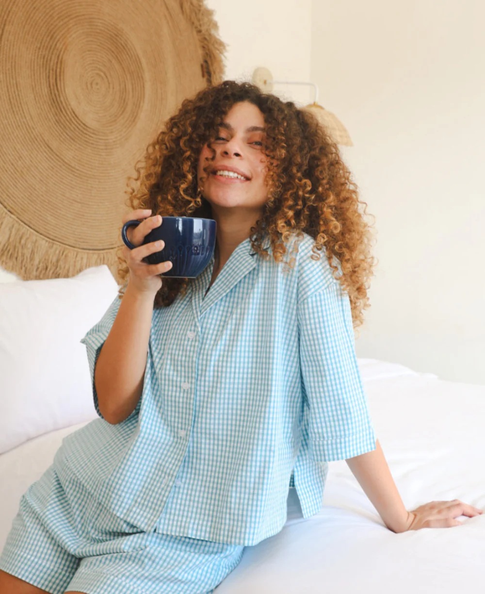Women summer pajama set Dusty blue Gingham Buttoned Shirt + shorts - Image 2