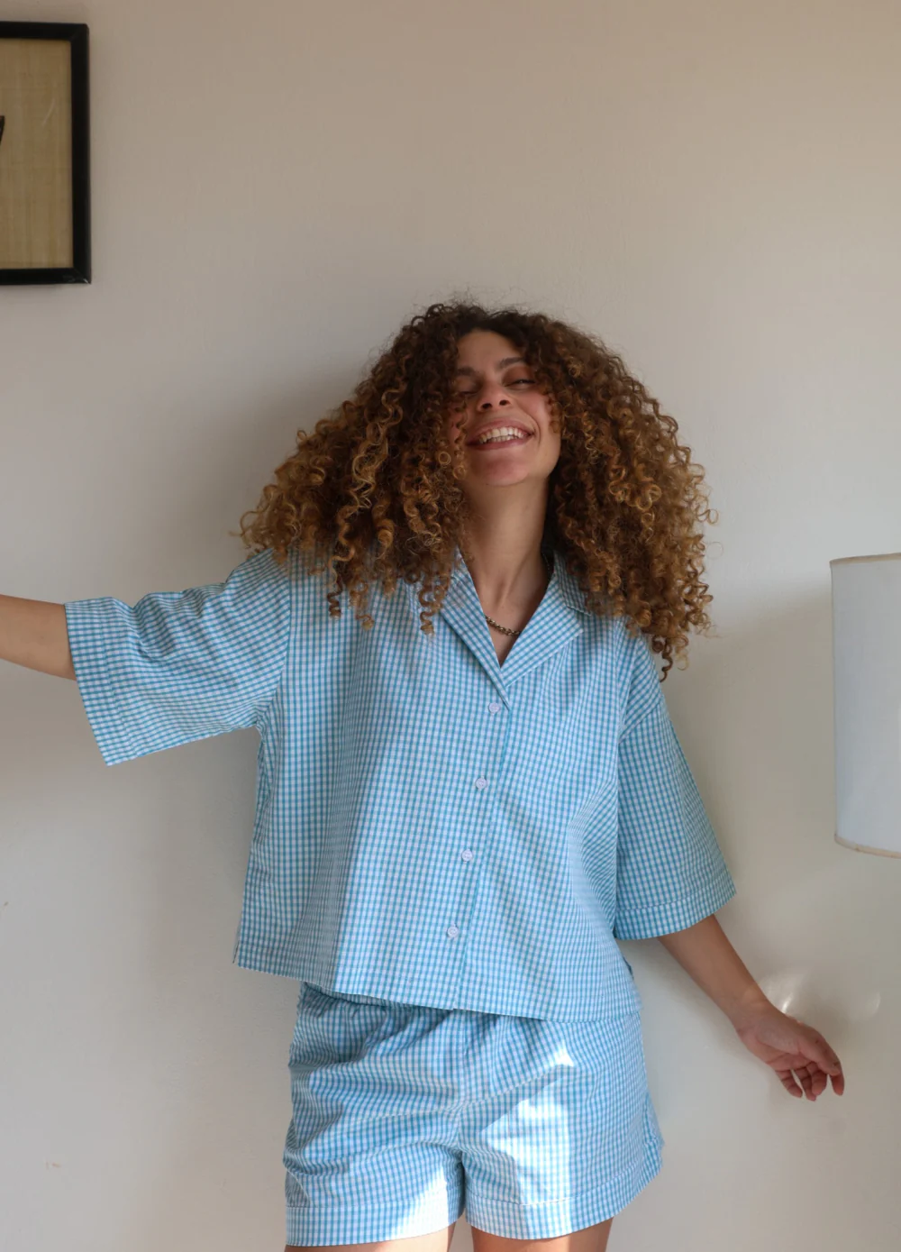 Women summer pajama set Dusty blue Gingham Buttoned Shirt + shorts - Image 3