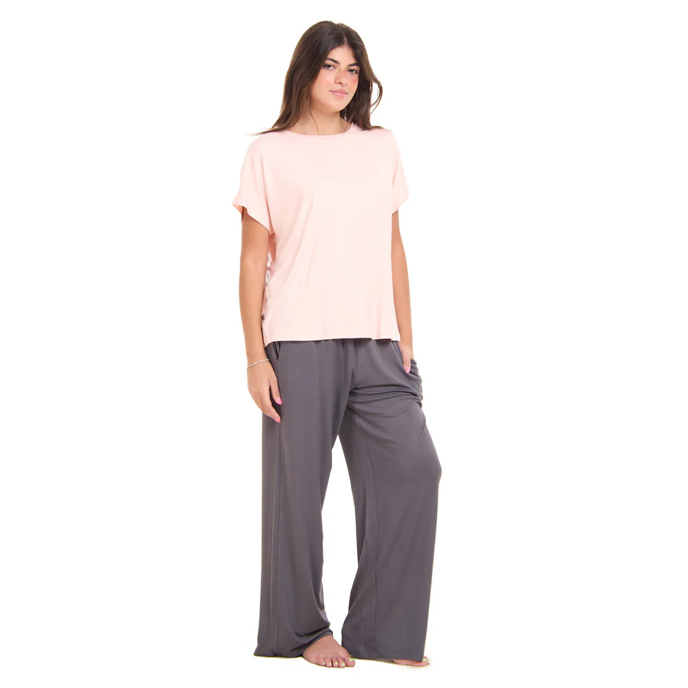 Women summer pajama set  Dusty pink top + Light grey Pants - Image 2