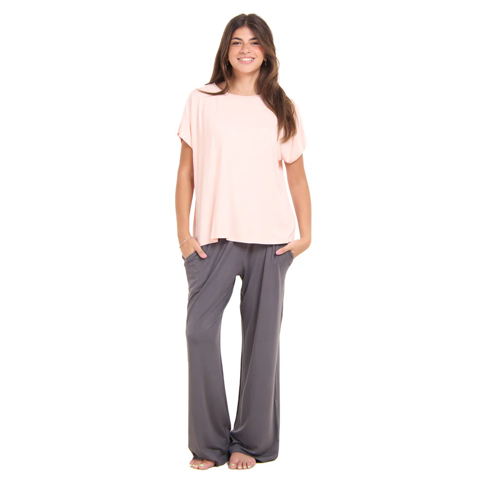 Women summer pajama set  Dusty pink top + Light grey Pants - Image 3