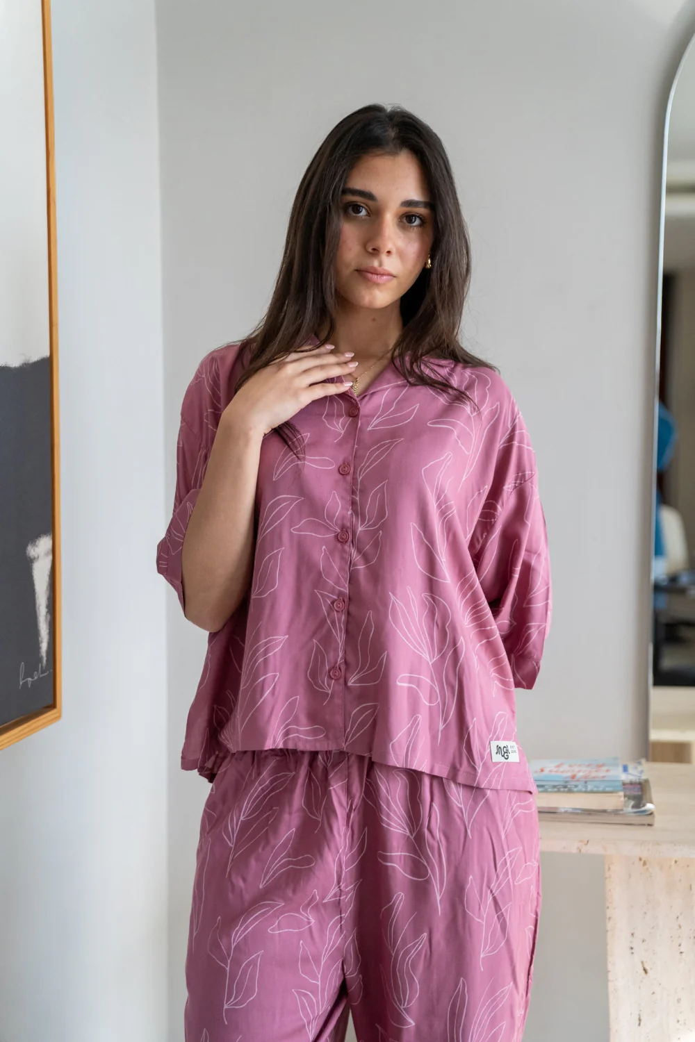 Women Summer Pajama Set Floral Outline buttoned shirt + Pants - Image 2