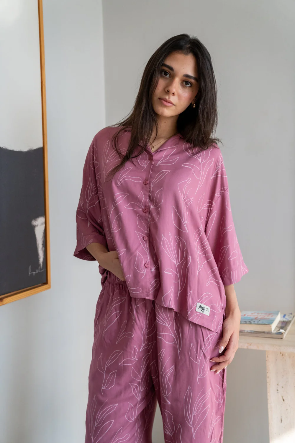 Women Summer Pajama Set Floral Outline buttoned shirt + Pants - Image 3