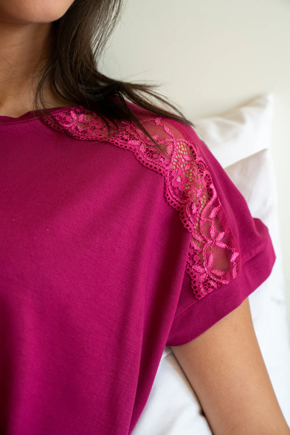 Women summer pajama set Fuchsia Lace shirt + Pants - Image 2