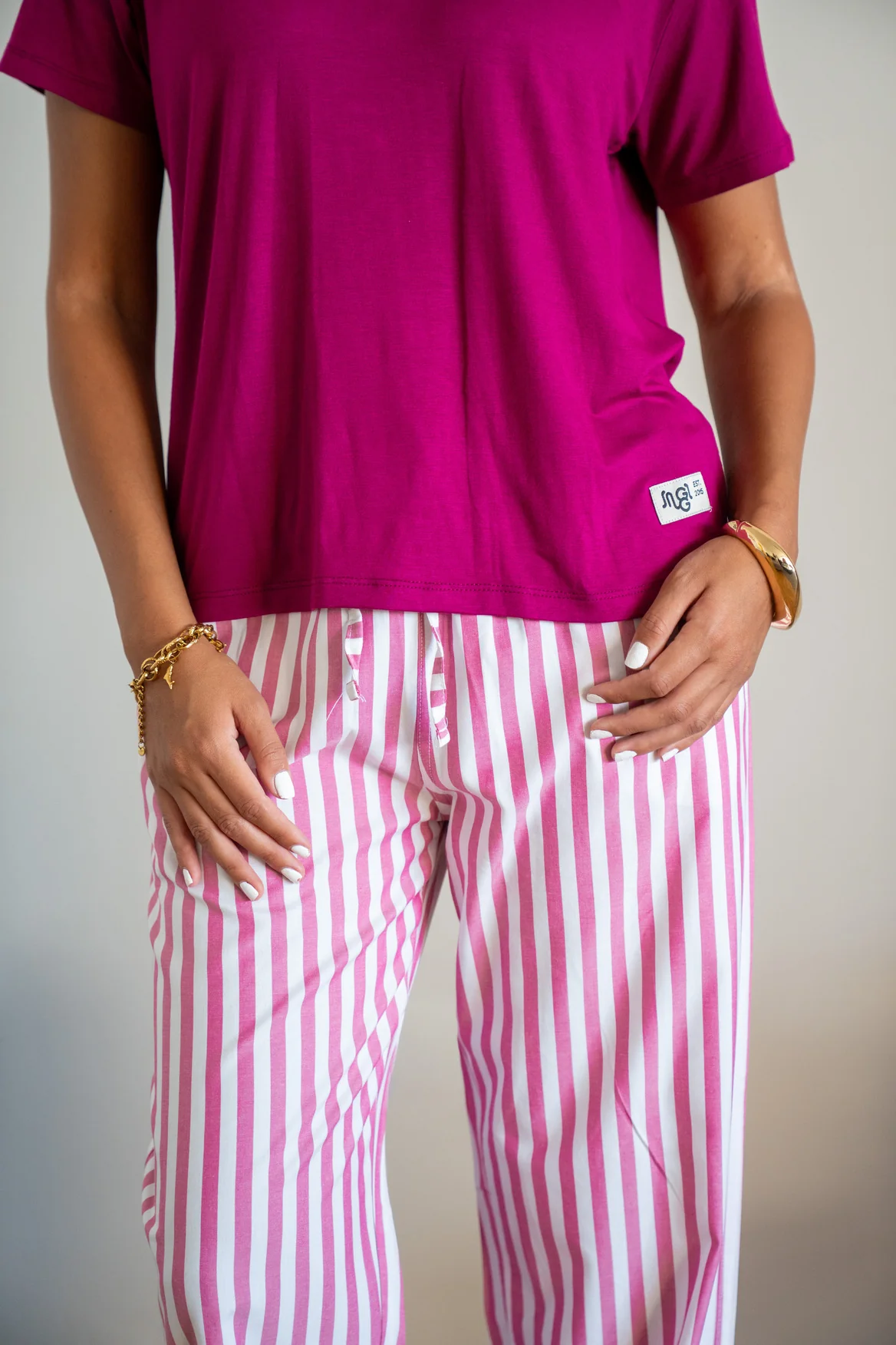 Women summer pajama set Fuchsia T-shirt + Fuchsia Stripes Pants - Image 2