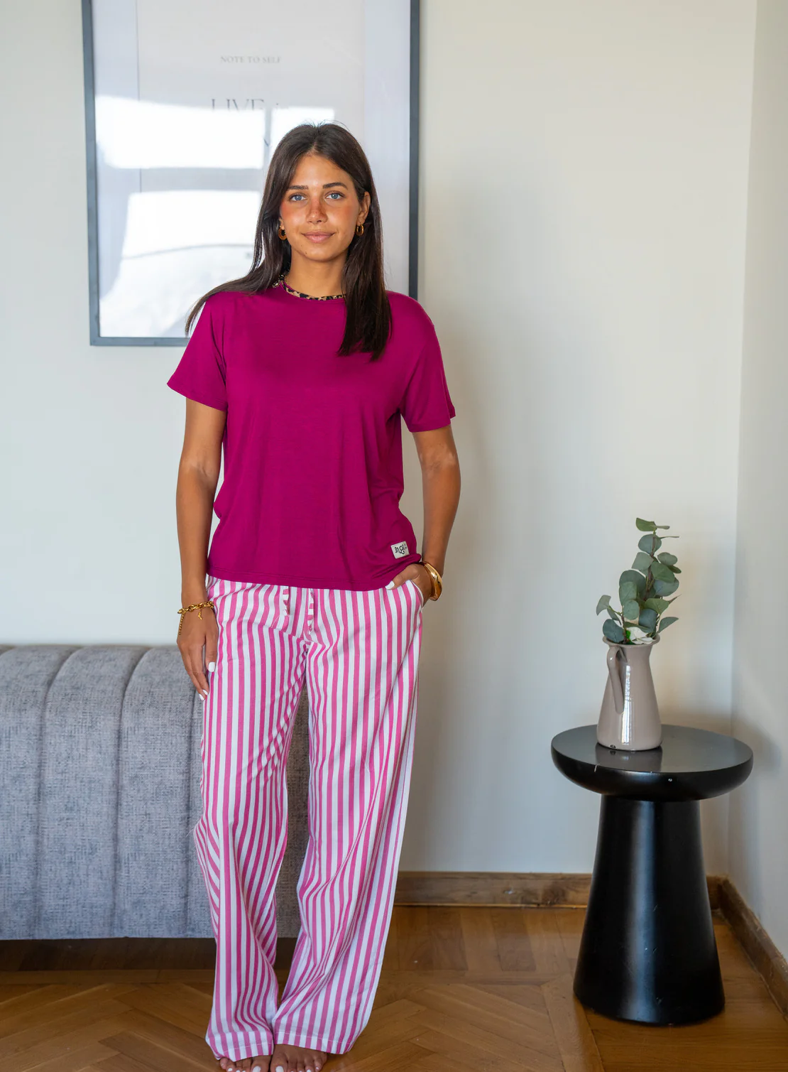 Women summer pajama set Fuchsia T-shirt + Fuchsia Stripes Pants - Image 3