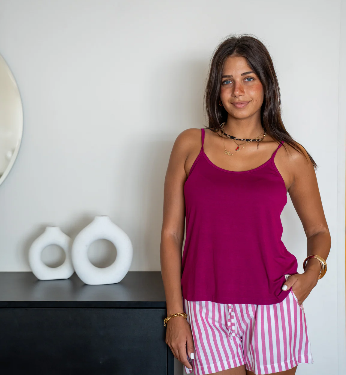 Women summer pajama set Fuchsia Top + Spaced Fuchsia Stripes shorts - Image 2
