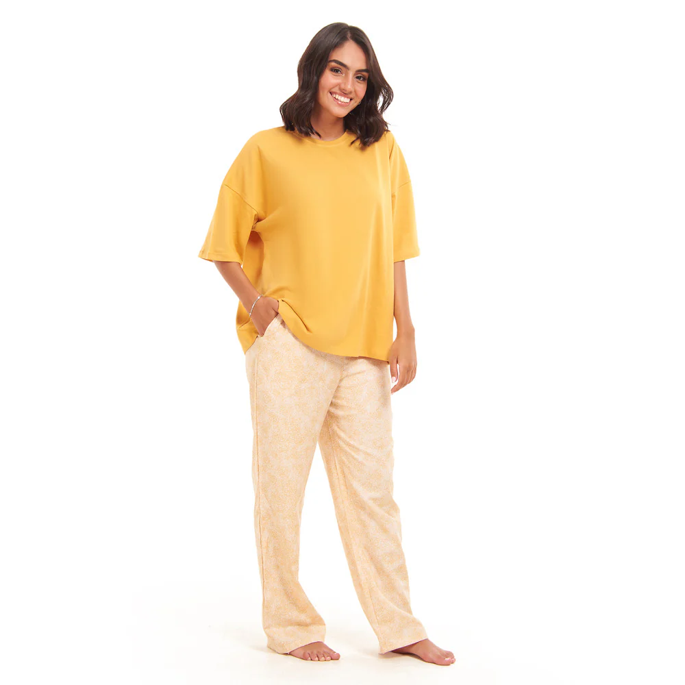 Women summer pajama set Golden Yellow Oversized top + Golden FLowers Outlines pants - Image 2