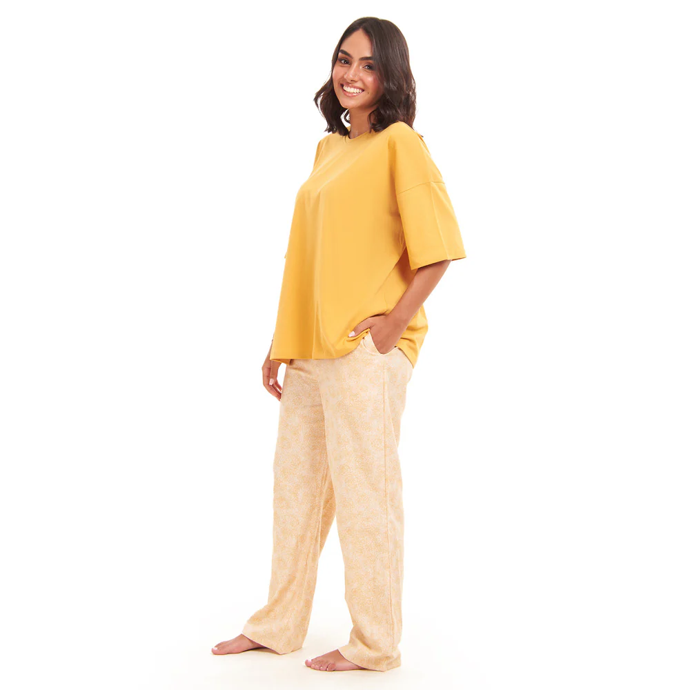 Women summer pajama set Golden Yellow Oversized top + Golden FLowers Outlines pants - Image 3