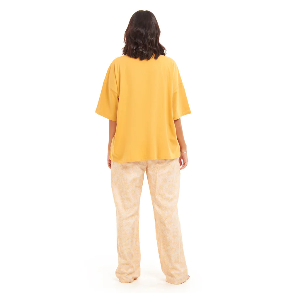 Women summer pajama set Golden Yellow Oversized top + Golden FLowers Outlines pants - Image 4
