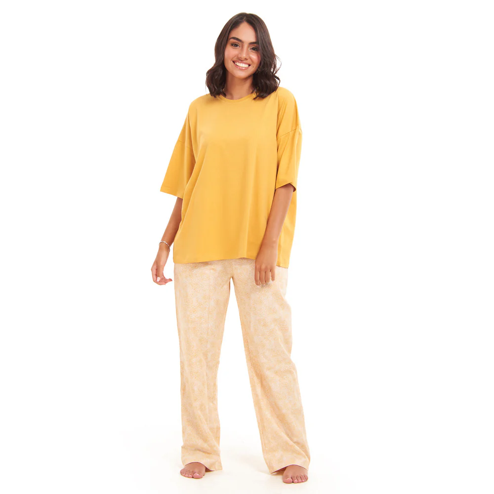 Women summer pajama set Golden Yellow Oversized top + Golden FLowers Outlines pants - Image 5