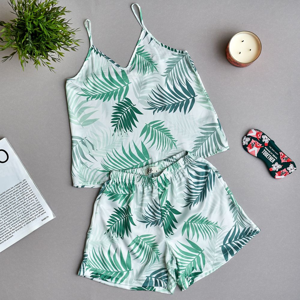 Women summer pajama set Green leaves top + shorts - Image 2