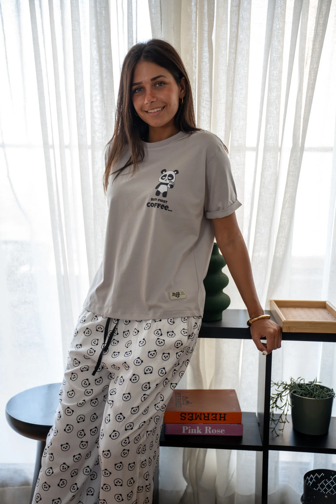 Women summer pajama set Grey Tee + Coffee lover panda Pants - Image 4