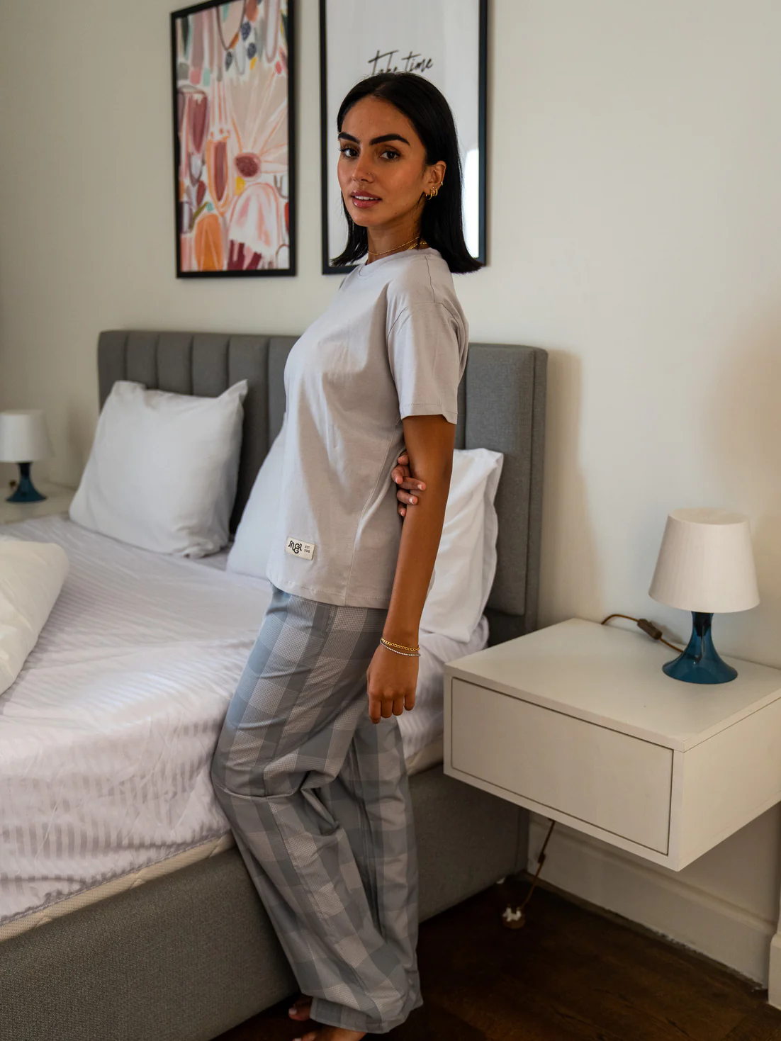 Women summer pajama set Grey Tee + Light Grey X Grey Glen Plaid Pants - Image 2