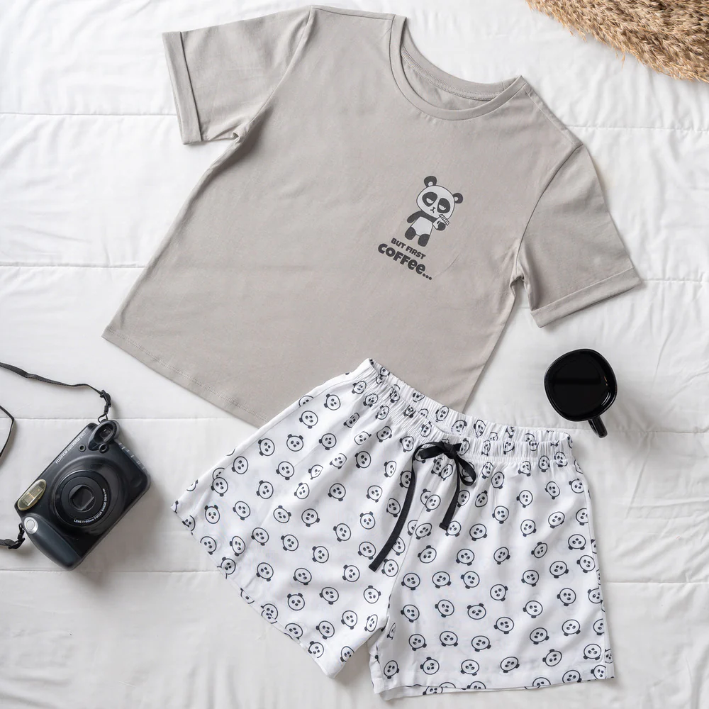 Women summer pajama set Grey Tee + Pandas shorts - Image 4