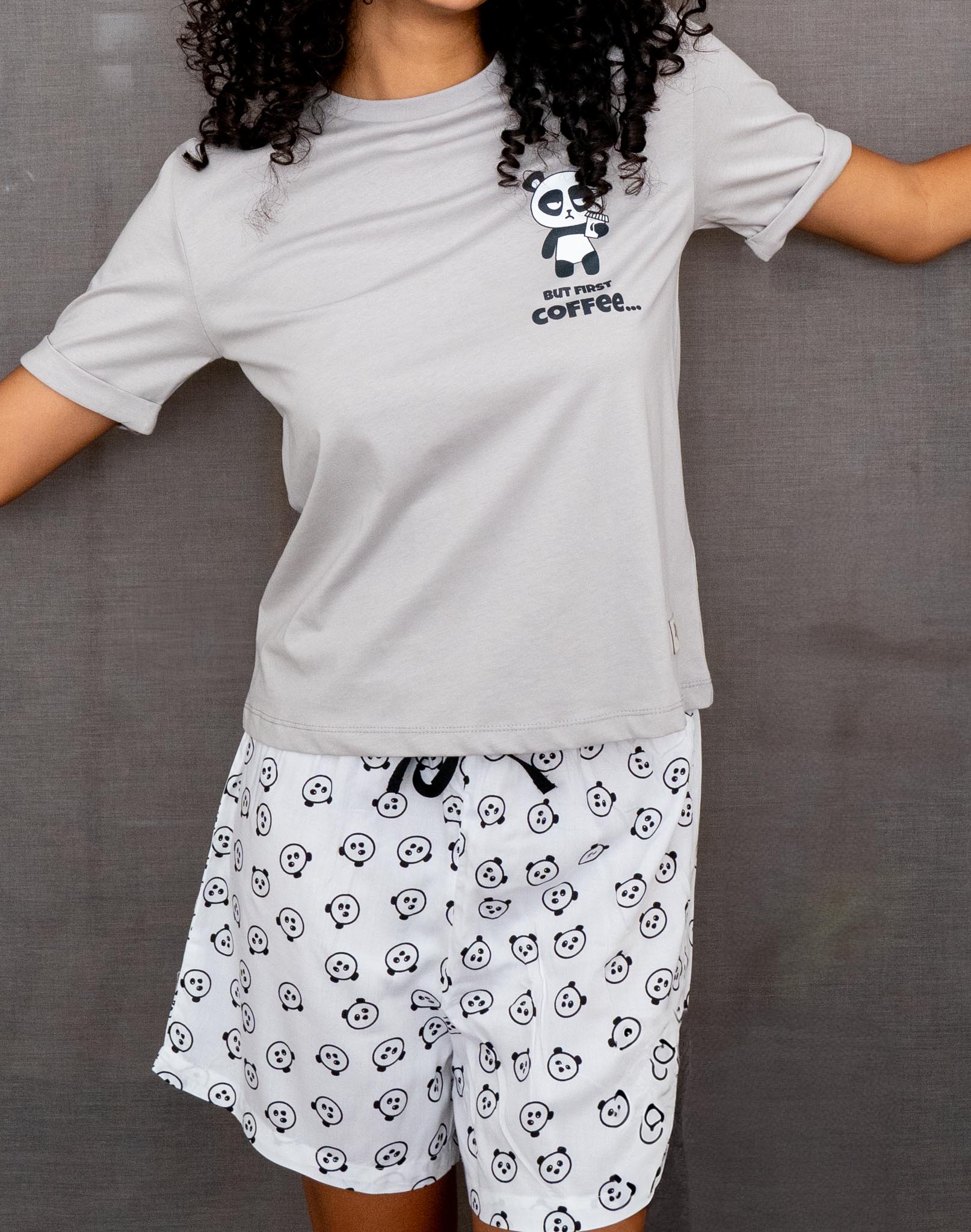 Women summer pajama set Grey Tee + Pandas shorts - Image 5
