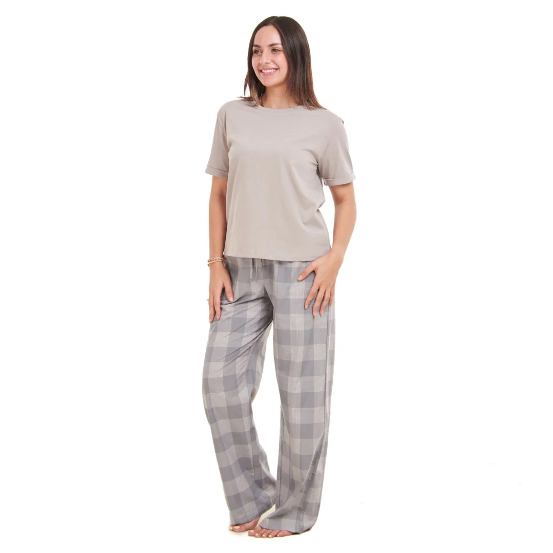 Women summer pajama set Grey top + grey checkered Pants - Image 2