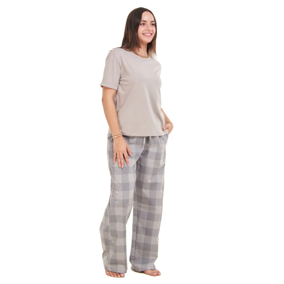 Women summer pajama set Grey top + grey checkered Pants - Image 3