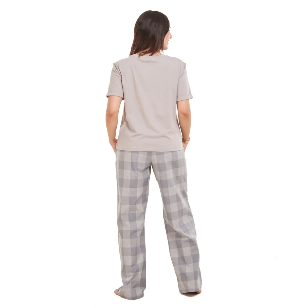 Women summer pajama set Grey top + grey checkered Pants - Image 4