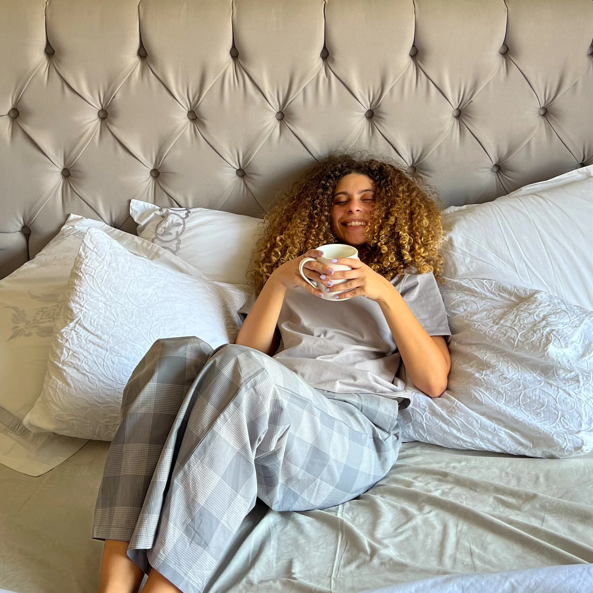 Women summer pajama set Grey top + grey checkered Pants - Image 5