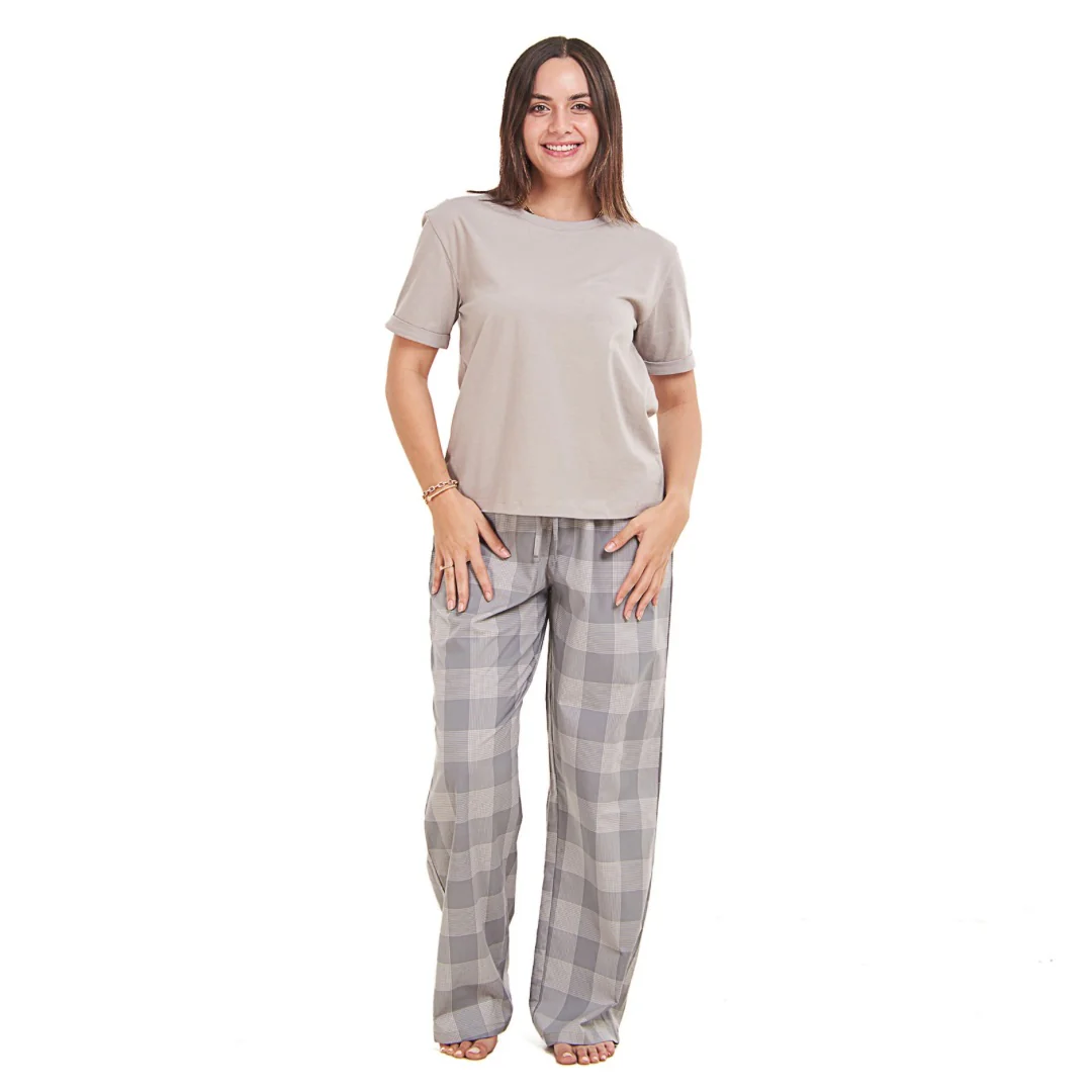 Women summer pajama set Grey top + grey checkered Pants - Image 6