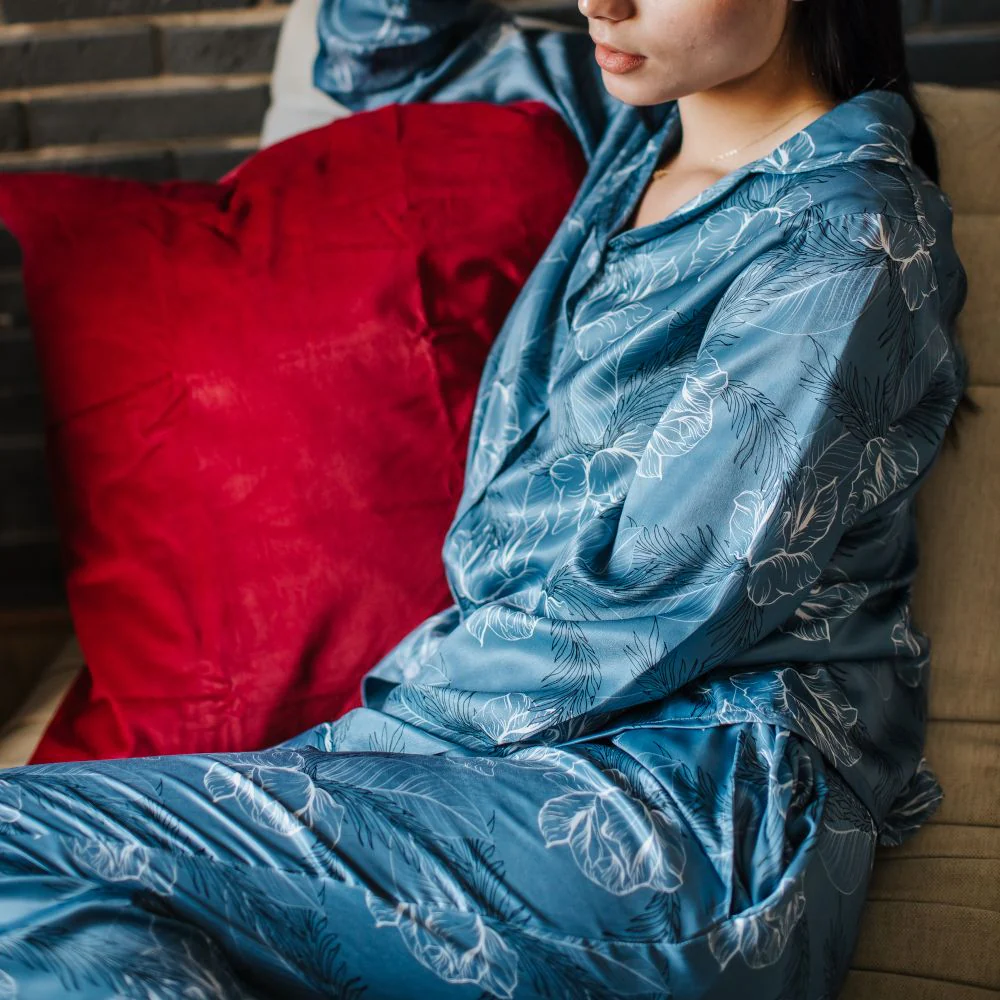 Women Satin summer pajama set Petrol Blue flowered buttoned shirt + Pants