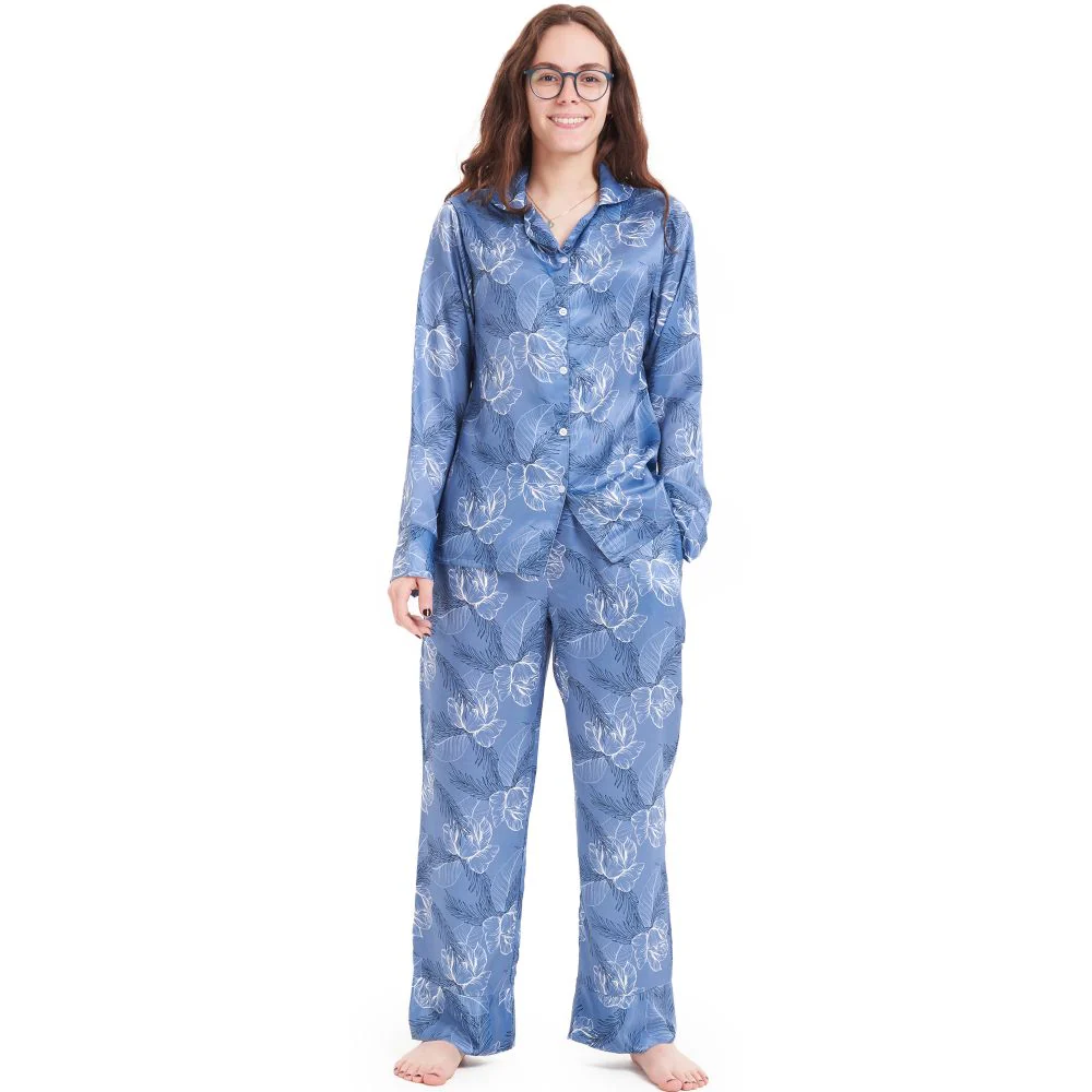 Women Satin summer pajama set Petrol Blue flowered buttoned shirt + Pants - Image 3